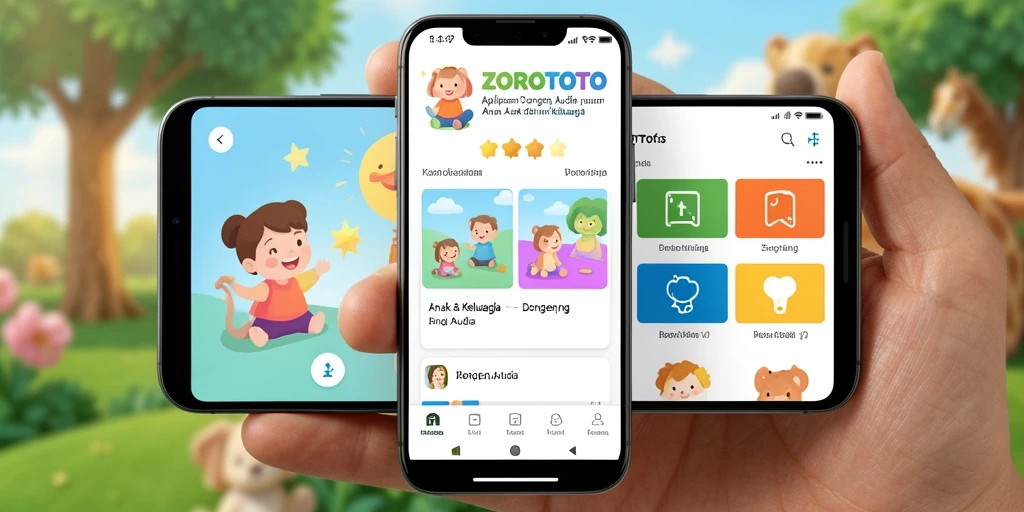 Tampilan antarmuka aplikasi ZOROTOTO dengan koleksi dongeng audio.